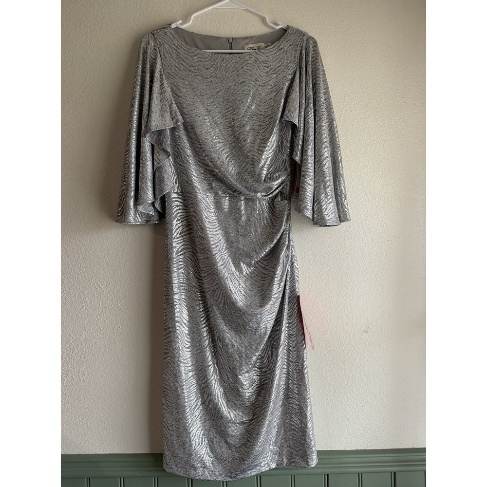 NWT Eliza J Gown Formal  Dress Draped Cape Sleeve Sz‎ 6 Silver Metallic